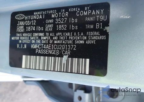 2012 Hyundai Accent Gls z USA, uszkodzony, nr VIN KMHCT4AE1CU201372